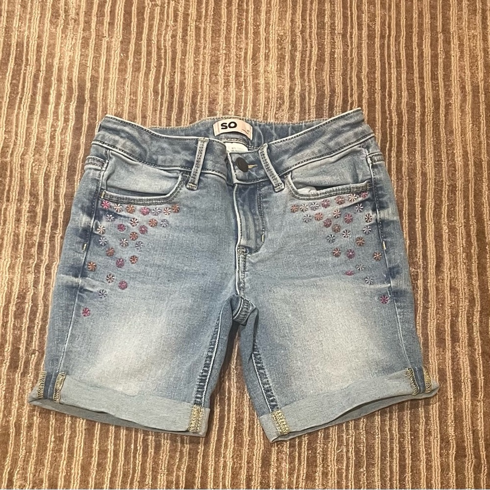 SO Girls Light Blue Denim Jean Shorts with Pink Embroidery
